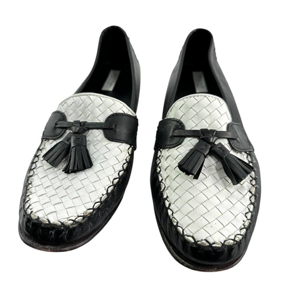 Women Genuine COLE HAAN White & Black Woven Leather Tassel Loafers 9B